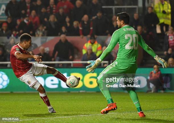 Korey Smith of Bristol City scores his sides second goal past Sergio Romero of Manchester United during the Carabao Cup Quarter-Final match between...