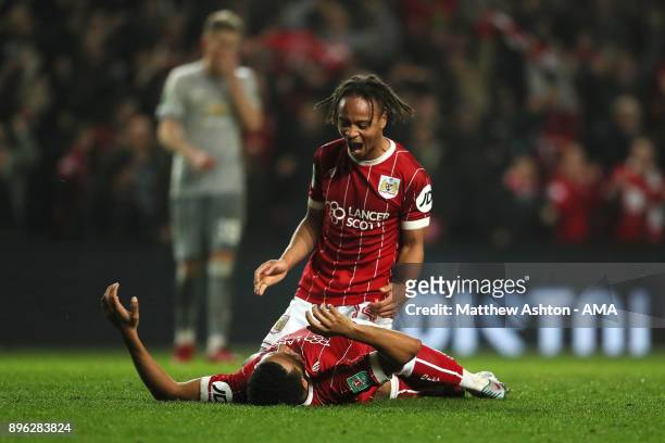 Korey Smith of Bristol City celebrates scoring a goal to make it 2-1 with Bobby Reid during the Carabao Cup Quarter-Final match between Bristol City...