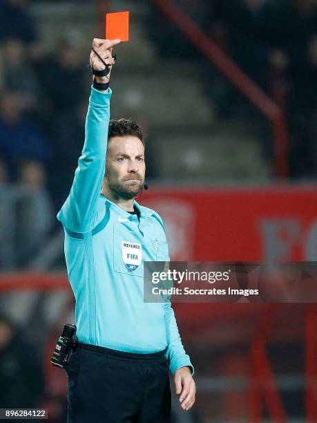 Thomas Lam of FC Twente receives a red card from referee Pol van Boekel during the Dutch KNVB Beker match between Fc Twente v Ajax at the De Grolsch...