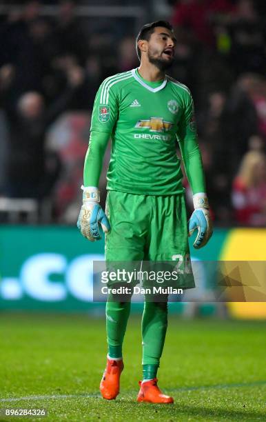 Sergio Romero of Manchester United reacts after conceding during the Carabao Cup Quarter-Final match between Bristol City and Manchester United at...