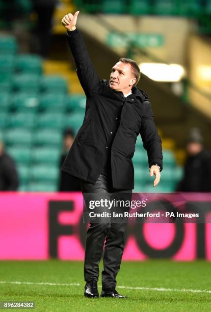 Celtic manager Brendan Rodgers salutes the Celtic fans after the final whistle during the Scottish Premiership match at Celtic Park, Glasgow.