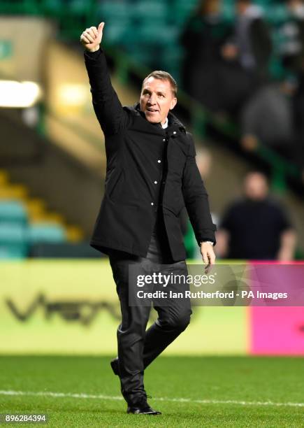 Celtic manager Brendan Rodgers salutes the Celtic fans after the final whistle during the Scottish Premiership match at Celtic Park, Glasgow.