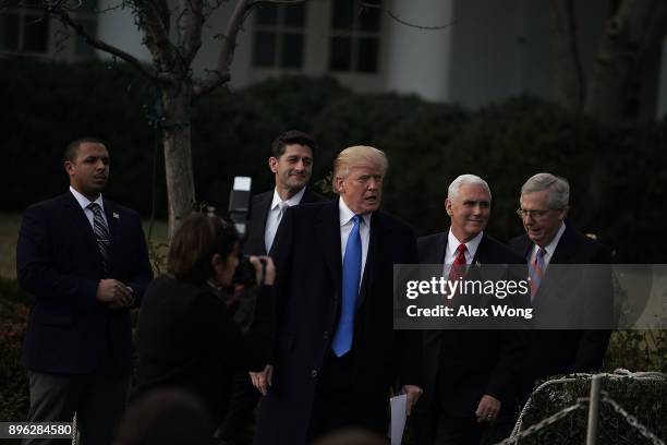 President Donald Trump , Senate Majority Leader Sen. Mitch McConnell , Vice President Mike Pence , and Speaker of the House Rep. Paul Ryan arrive at...