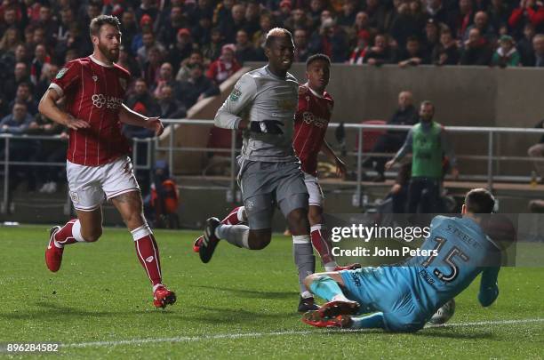 Paul Pogba of Manchester United has a shot saved by Luke Steele of Bristol City during the Carabao Cup Quarter-Final match between Bristol City and...