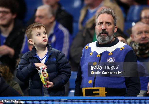 Chelsea fan wearing a Christmas jumper during the Carabao Cup Quarter-Final match between Chelsea and AFC Bournemouth at Stamford Bridge on December...