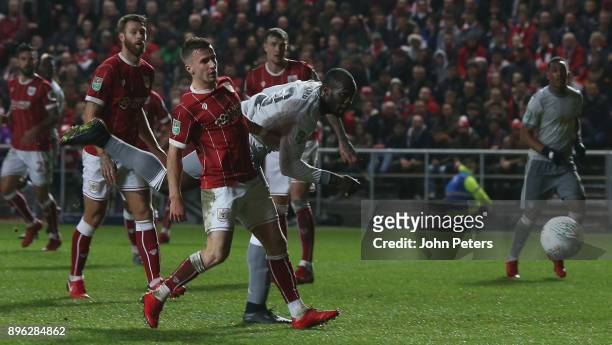 Romelu Lukaku of Manchester United in action with Joe Bryan of Bristol City during the Carabao Cup Quarter-Final match between Bristol City and...