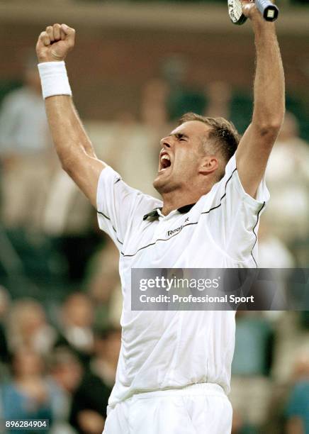 Todd Martin of the USA celebrates after defeating Greg Rusedski of Great Britain in the Fourth Round of the US Open at the USTA National Tennis...