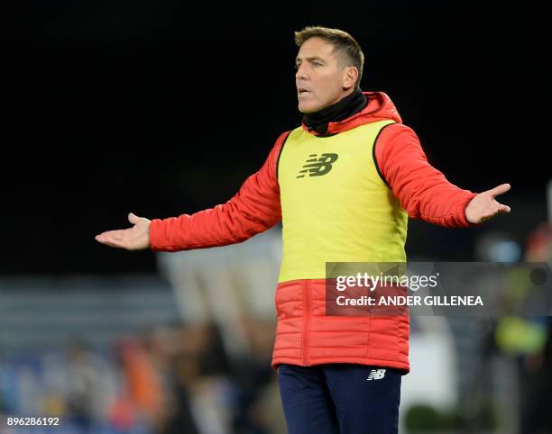 Sevilla's Argentinian coach Eduardo Berizzo gestures during the Spanish league football match Real Sociedad vs Sevilla FC at the Anoeta stadium in...