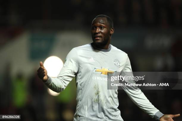 Romelu Lukaku of Manchester United reacts during the Carabao Cup Quarter-Final match between Bristol City and Manchester United at Ashton Gate on...