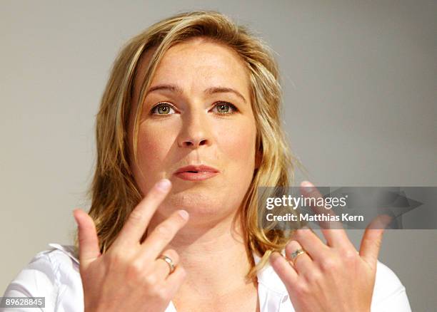 Claudia Pechstein gestures during a press conference at the Ellington Hotel on August 6, 2009 in Berlin, Germany. Pechstein has appealed against a...