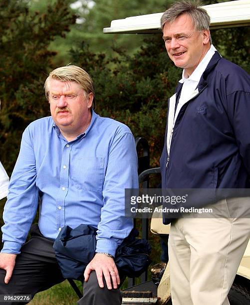 Peter McEvoy, former Walker Cup player and captain, watches the golf alongside Ken Schofield, former Chief Executive of The European Tour, on the...