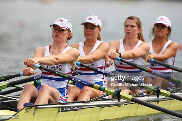 To R: Phoebe Lucas, Eleanor Piggott, Helen Preston and Rosa Atkinson of Great Britain during the junior women's quad sculls repechage 1 on day two of...