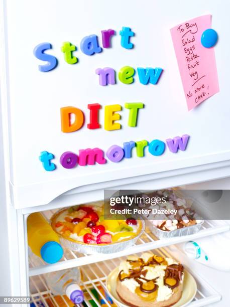 start new diet tomorrow fridge magnets. - shopping list stock pictures, royalty-free photos & images