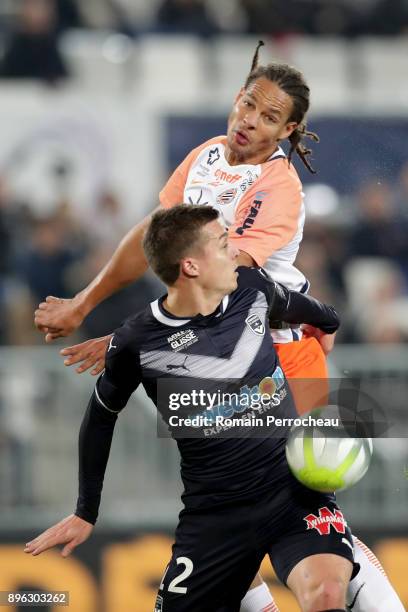 Nicolas De Preville of Bordeaux and Daniel Congre of Montpellier in action during the Ligue 1 match between FC Girondins de Bordeaux and Montpellier...