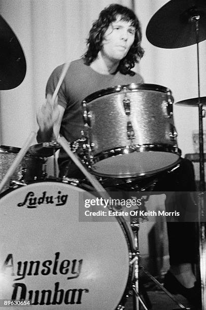 English drummer Aynsley Dunbar at his kit, London, 1969.