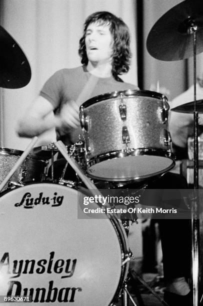 English drummer Aynsley Dunbar at his kit, London, 1969.