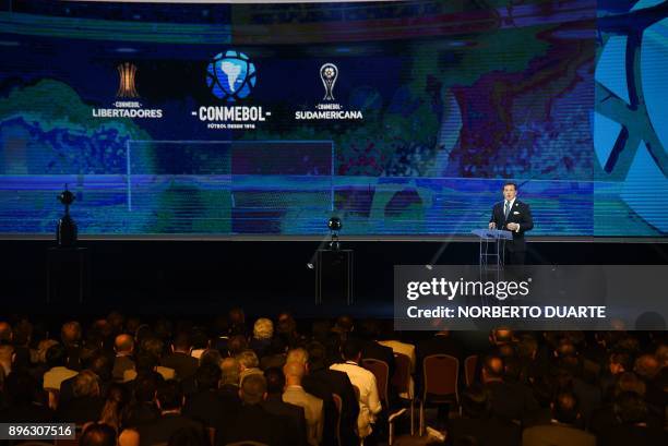 Conmebol President Alejandro Dominguez speaks during the Copa Libertadores and Copa Sudamericana 2018 draw at Conmebol headquarters in Luque,...