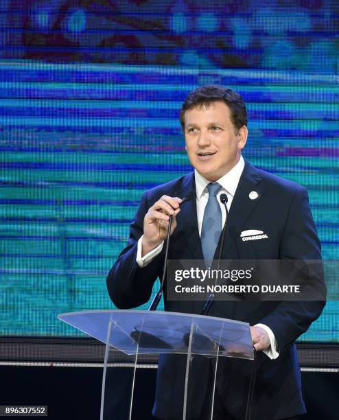 Conmebol President Alejandro Dominguez speaks during the Copa Libertadores and Copa Sudamericana 2018 draw at Conmebol headquarters in Luque,...