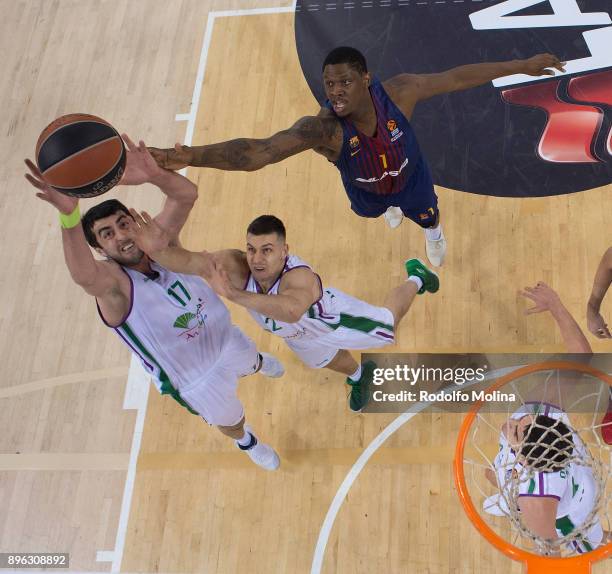 Giorgi Shermadini, #17 of Unicaja Malaga and Dragan Milosavljevic, #12 competes with Kevin Seraphine, #1 of FC Barcelona Lassa during the 2017/2018...