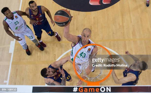 James Augustine, #40 of Unicaja Malaga in action during the 2017/2018 Turkish Airlines EuroLeague Regular Season Round 13 game between FC Barcelona...