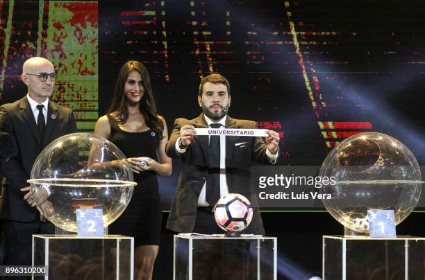 Hugo Figueredo Director of Competitions of CONMEBOL announces Universitario of Peru during the Official Draw of the Copa Libertadores and...