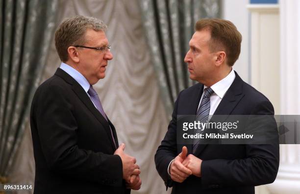 Russian Economist Alexey Kudrin talks to First Deputy Prime Minister Igor Shuvalov during the Strategic Development and Priority Projects Council at...
