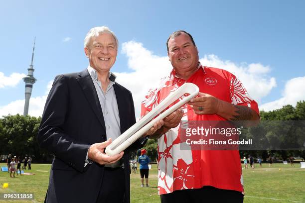 Auckland Mayor Phil Goff and Hugh Graham, the Commonwealth Games Federation regional VP for Oceania with the Queens Baton during the Queens Baton...
