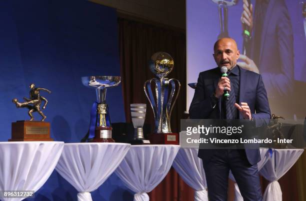 Internazionale Milano coach Luciano Spalletti speaks during the FC Internazionale Youth Teams Christmas Party at on December 20, 2017 in near Milan,...