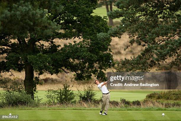 Hugo Dobson of England in action during his singles match on the final day of the Boys Home Internationals at Hankley Common Golf Club on August 6,...