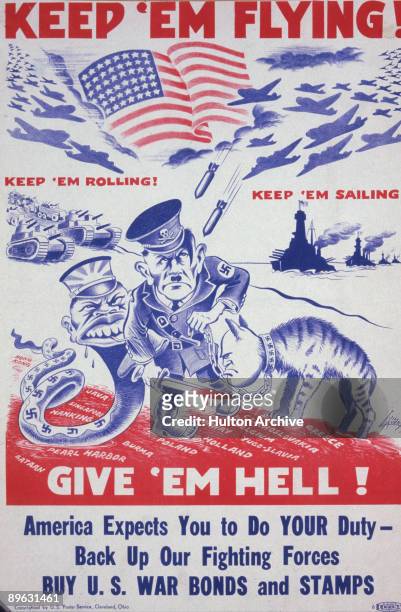 Amid the phrases 'Keep 'Em Flying!', 'Keep 'Em Rolling!', 'Keep 'Em Sailing!' and 'Give 'Em Hell!', a War Bonds and Stamps poster features American...