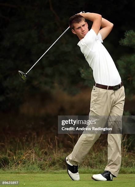 Adam Carson of England in action during his singles match on the final day of the Boys Home Internationals at Hankley Common Golf Club on August 6,...