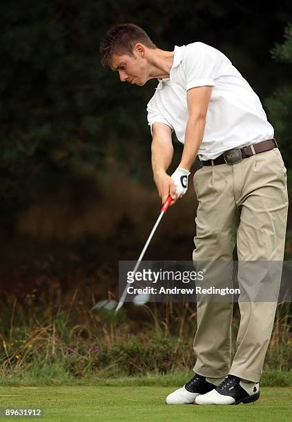 Adam Carson of England in action during his singles match on the final day of the Boys Home Internationals at Hankley Common Golf Club on August 6,...