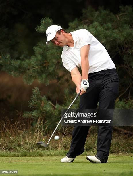 Max Smith of England in action during his singles match on the final day of the Boys Home Internationals at Hankley Common Golf Club on August 6,...
