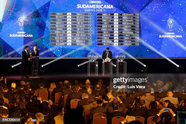 Hugo Figueredo Director of Competitions of CONMEBOL writes down the groups of the Copa Sudamericana draw during the Official Draw of the Copa...