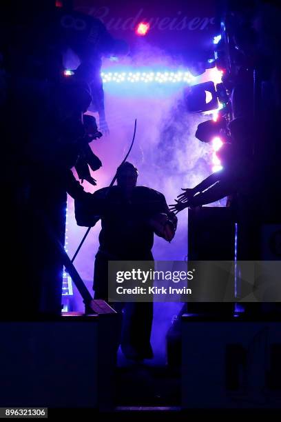 Joonas Korpisalo of the Columbus Blue Jackets walks onto the ice prior to the start of the game against the Toronto Maple Leafs on December 20, 2017...