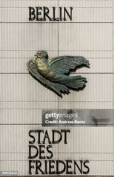 The inscription 'Berlin - Stadt des Friedens' with the flattened bronze dove is seen on August 6, 2009 in Berlin, Germany. The inscription...