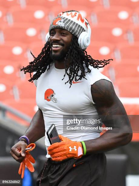 Wide receiver Sammie Coates of the Cleveland Browns laughs as he runs onto the field prior to a game on December 17, 2017 against the Baltimore...