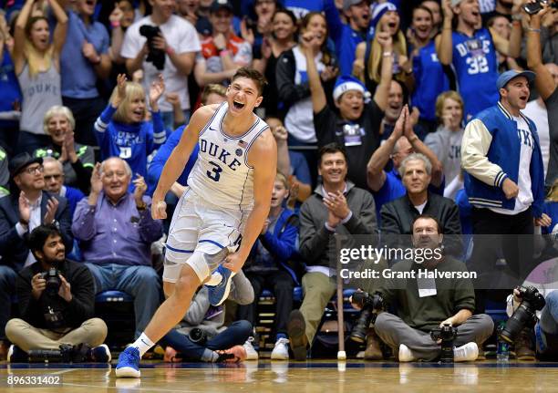 Grayson Allen of the Duke Blue Devils reacts during their game against the Evansville Aces at Cameron Indoor Stadium on December 20, 2017 in Durham,...