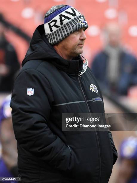 Offensive coordinator/quarterbacks coach Marty Mornhinweg of the Baltimore Ravens stands on the field prior to a game on December 17, 2017 against...