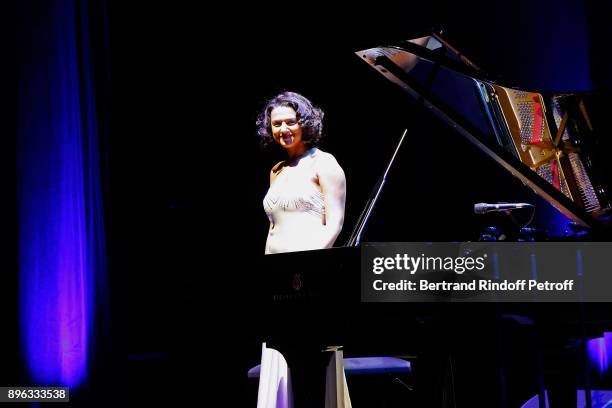 Pianist Khatia Buniatishvili performs during the Gala evening of the Pasteur-Weizmann Council in Tribute to Simone Veil at Salle Pleyel on December...