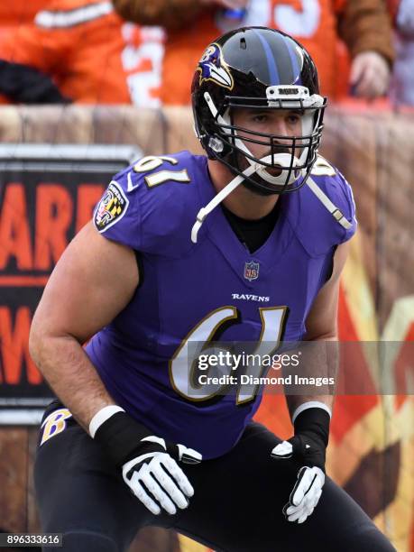 Offfensive lineman Luke Bowanko of the Baltimore Ravens stretches on the field prior to a game on December 17, 2017 against the Cleveland Browns at...