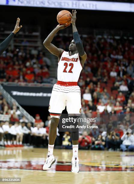 Deng Adel of the Louisville Cardinals shoots the ball during the game against the Albany Great Danes at KFC YUM! Center on December 20, 2017 in...