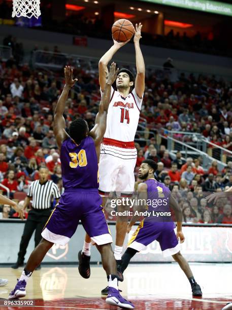 Anas Mahmoud of the Louisville Cardinals shoots the ball during the game against the Albany Great Danes at KFC YUM! Center on December 20, 2017 in...