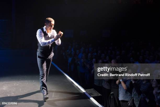 Dany Boon acknowledges the applause of the audience at the end of the "Dany de Boon Des Hauts-De-France" Show at L'Olympia on December 18, 2017 in...