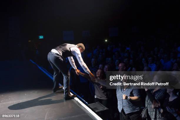 Dany Boon acknowledges the applause of the audience at the end of the "Dany de Boon Des Hauts-De-France" Show at L'Olympia on December 18, 2017 in...