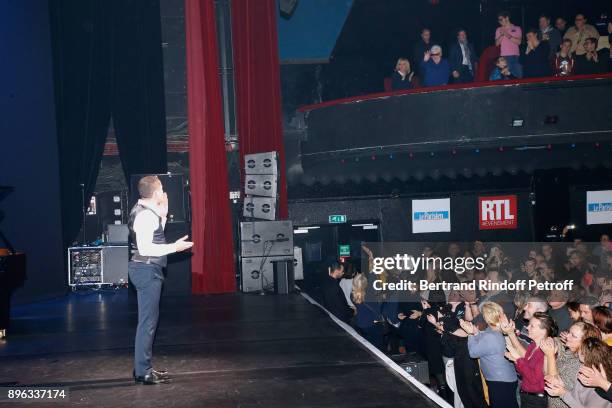 Dany Boon acknowledges the applause of the audience whose Brigitte Macron and Line Renaud at the end of the "Dany de Boon Des Hauts-De-France" Show...