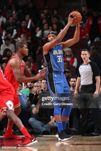 Adreian Payne of the Orlando Magic handles the ball against the Chicago Bulls on December 20, 2017 at the United Center in Chicago, Illinois. NOTE TO...