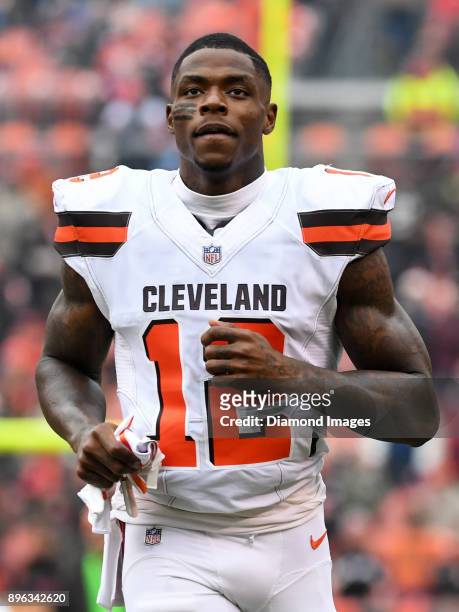Wide receiver Josh Gordon of the Cleveland Browns runs onto the field prior to a game on December 17, 2017 against the Baltimore Ravens at...