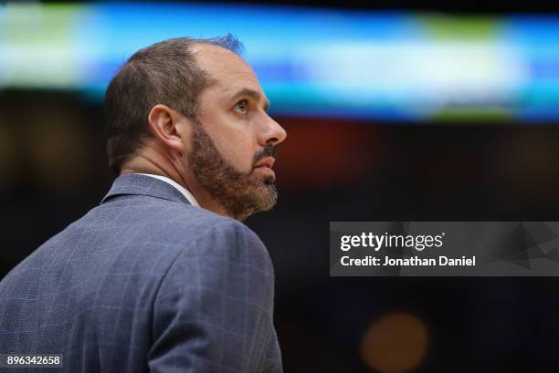 Head coach Frank Vogel of the Orlando Magic watches as his team takes on the Chicago Bulls at the United Center on December 20, 2017 in Chicago,...