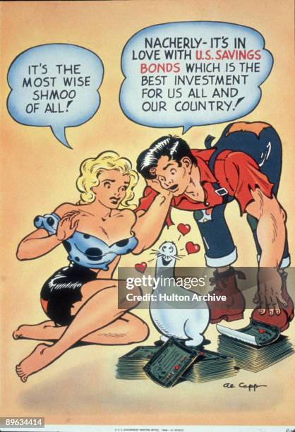 Cartoonist Al Capp's creations Daisy Mae and Li'l Abner admire a shmoo, in a advertisement for US Savings Bonds, 1949. Daisy Mae says 'It's the most...